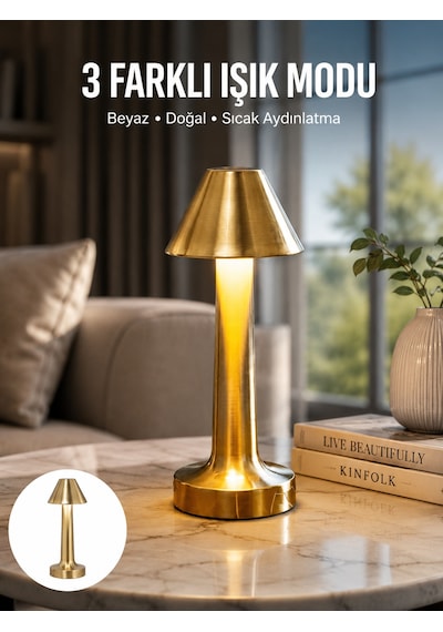 Kablosuz Led Masa Lambası 1800mah 3 Renk Aydınlatma Dokunmatik Yeni Nesil - Lisinya Altın