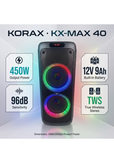 Korax Kx-max 40 450w Akülü Taşınabilir Parti Hoparlörü - Kablosuz Mikrofonlu, Tws, Led Işıklı Karaoke Ses Sistemi