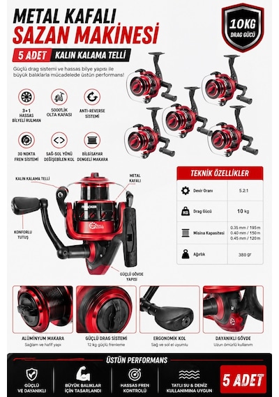 Profesyonel 5 Li Sazan Olta Takımı - 3.30mt- Kırılmaz Kamış Metal Kafa Makine