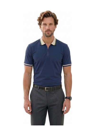 Tudors Erkek Slim Fit Dar Kesim %100 Pamuk Kısa Kollu Yarım Fermuarlı Lacivert Polo Yaka Tişört-50748