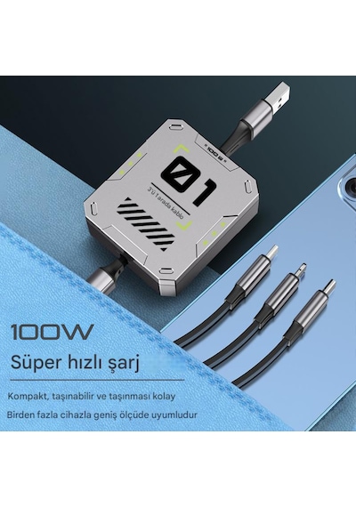 Zuidid - Fc151 - 3 Ü 1 Arada 100w 3a Hızlı Şarjlı 1.2 Metre Geri Çekilebilir Çoklu Şarj Kablosu (Şarj Kablosu)-Evet