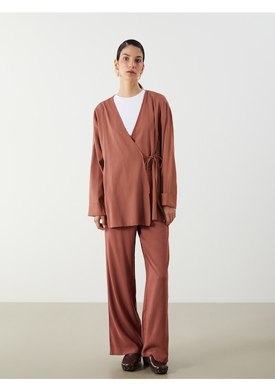 Lcw Modest Kahverengi Kruvaze Yaka Keten Karışımlı Kadın Kimono