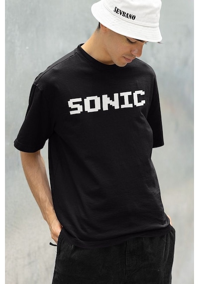 Sonic Çizgi Film Baskılı Unisex Oversize Tişört Siyah