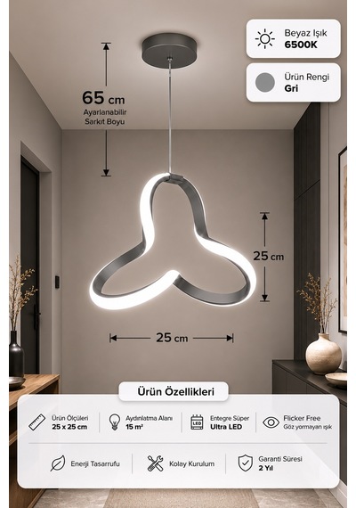 Cevina Led Sarkıt Avize Beyaz Işık Gri