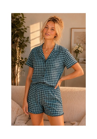 Rindahomewear Mavi Ekose Pamuklu Örme Kumaş Düğmeli Şortlu Takım Mavi Ekose