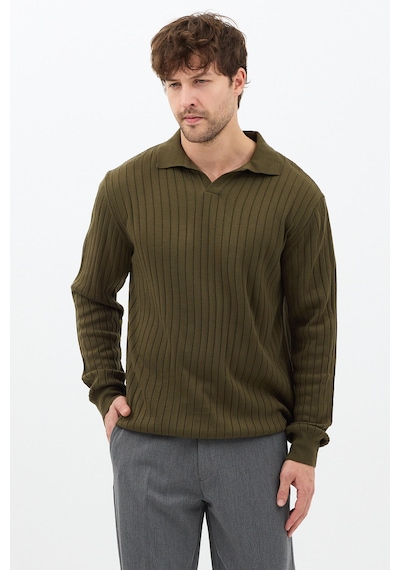 Erkek Haki Slim Fit Uzun Kollu Polo Yaka Triko Kazak Haki