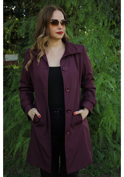 Moda Berray 1671 Kolu Düğme Detaylı Uzun Kapişonlu Mürdüm Büyük Beden Kadın Ceket Mürdüm