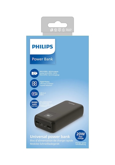 Philips DLP1930CB/00 30.000 mAh, 2x USB-A, 1x Micro USB, 1x USB-C, Hızlı Şarj Powerbank, Siyah