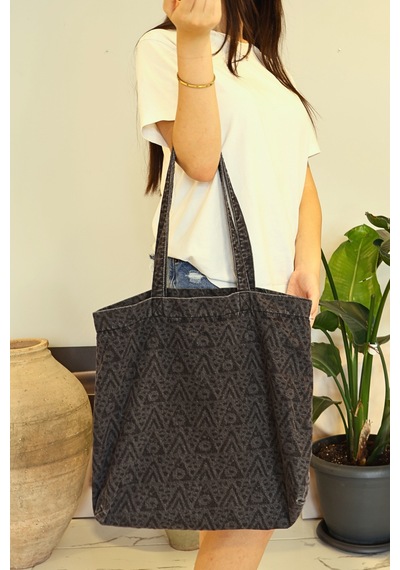 İcone Bag Desenli Yıkamalı Denim Kadın Çantası, Geniş Hacimli, Desenli El Ve Omuz Bez Çanta Shopper Antrasit