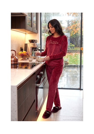 Lela Bisiklet Yaka Yumuşak Dokulu Parlak Kadife Pijama Takımı Kadın Pijama Takımı 6094209 Bordo