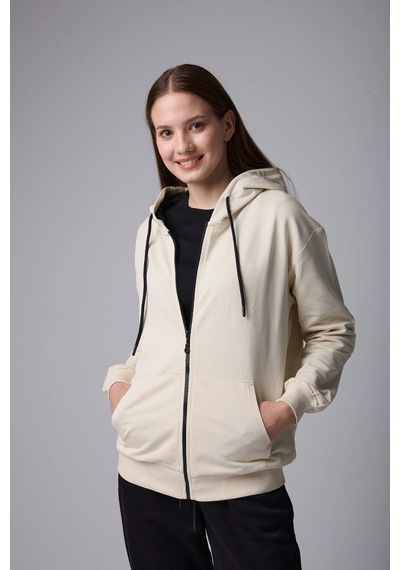 Defys Defy S Kadın Oversize Kapüşonlu Fermuarlı Cepli Sweatshirt Bej - 527346818 Bej