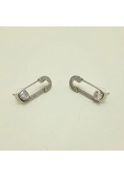 Parlak Taşlı Silver Çatal İğne Çelik Küpe Altın - Gümüş