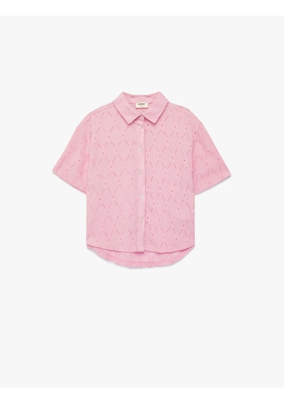 Koton Kısa Kollu Düğmeli Fistolu Brode Bluz Pembe 6skg60052ak Gül