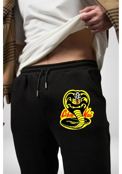 Angemiel Cobra Kai Karete Çocuk Yılan Logo Dizi 3 İplik Erkek Baskılı Siyah Eşofman Altı Siyah