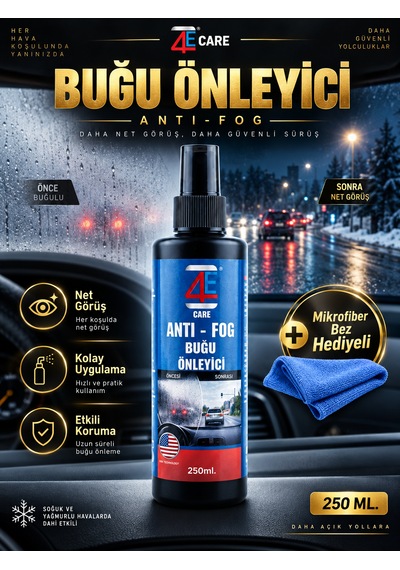 4e Care Buğu Önleyici 250 Ml + Bez Uzun Süre Etki Araç Camları, Ev Ve Ofis Camları, Banyo Aynaları Ve Kask