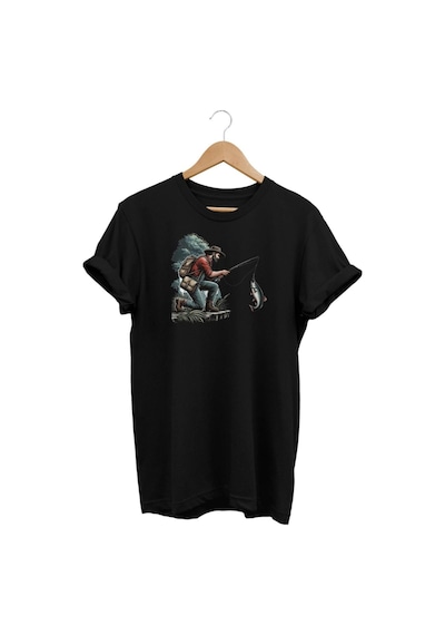 Widi Balık Avı Baskılı Siyah T-shirt Siyah