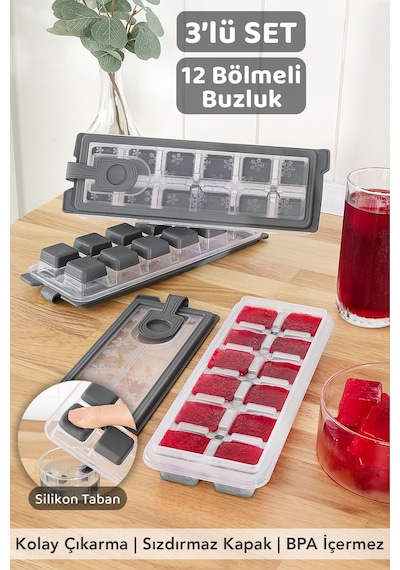 3 Adet Silikon Bas Çıkar Buzluk - 12 Hazneli Kapaklı Yapışmaz Silikon Kokteyl Sunum Buz Kalıbı Gri