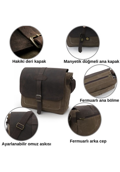 Dark Cotton 7503 Hakiki Deri Kapaklı Suya Dayanıklı Mumlu Kanvas 15 Laptop, Okul, Evrak Seyahat Çantası Kahverengi