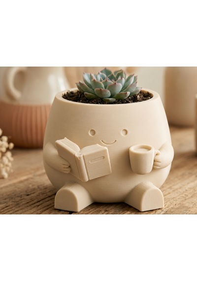 3d Baskı Kitap Okuyan Saksı - Kupa Tutan Sevimli Saksı-bej Belirtilmemis