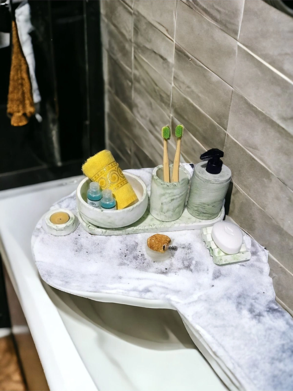 Marble Serisi 6'lı Banyo Seti , Sıvı Sabunluk Diş Fırçalığı Beton Aksesuar Takımı Gri