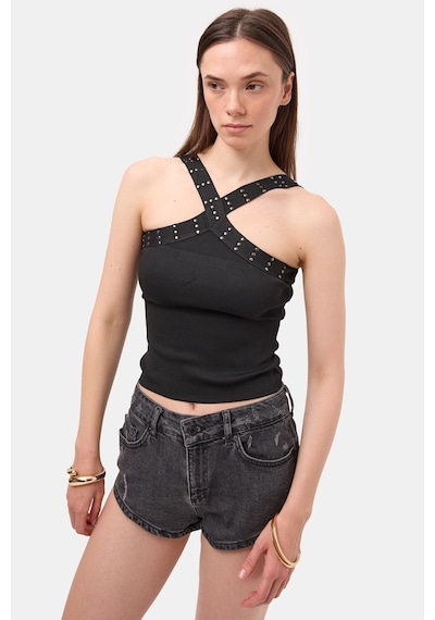 Kadın Siyah S6-1 Crop Parlak Taş Detaylı Boyundan Askılı Tasarım Body