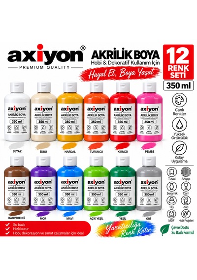 Axiyon Art Akrilik Boya 350 Ml 12 Li Set Su Bazlı Hobi Boyası Genel