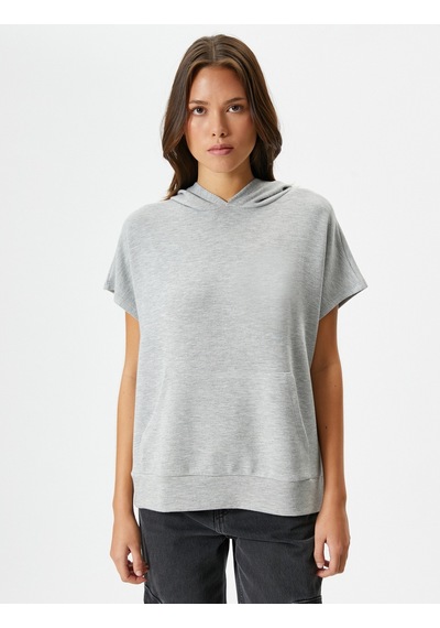 Koton Kapşonlu Sweatshirt Kısa Kollu Kanguru Cepli Viskoz Gri 4wak10235ek Gri