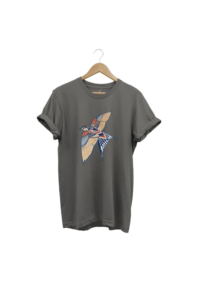 Kırlangıç Kuşu Dekoratif Baskılı %100 Pamuk Regular Fit Unisex T-shirt Gri