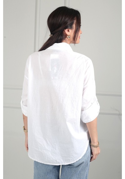 By Saygı Kadın Çiçek Desen Kabartmalı Pul Nakışlı İtalyan Cotton Gömlek Ekru