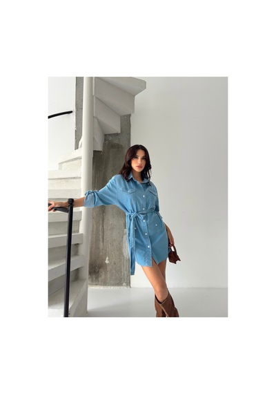 Kene Jeans Kuşaklı Buz Mavi Kot Elbise Mavi