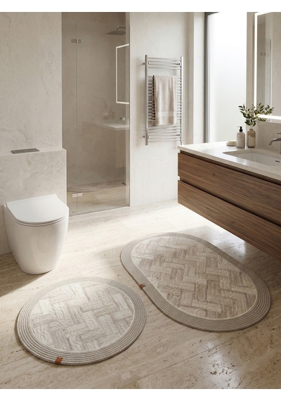 Melena Carpet Premium Kaymaz Taban Banyo Paspası Jüt Kenar Detaylı Oval Yuvarlak Set 100x60-60x60 Beyaz