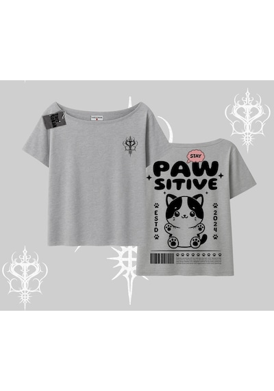 Tarzsokak Paw Sitive Kedi Arka Baskılı Kayık Yaka Tshirt Gri