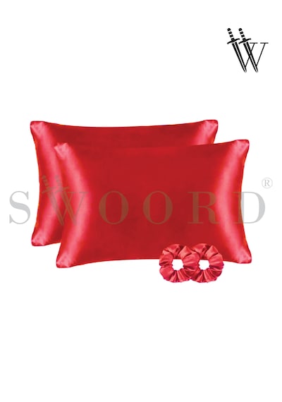 Swoord İpek Dokulu Saten Yastık Kılıfı Kırmızı 2 Adet 50x70cm 2 Adet Saten Tokalı Kırmızı