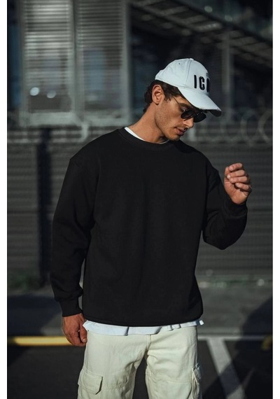 Erkek Pamuklu Bisiklet Yaka 3 İplik Basic Sweatshirt - Siyah