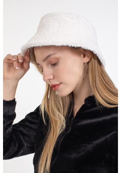 Ladycolor Şapka Kıvırcık Peluş Kumaş Bucket Modeli Krem Krem