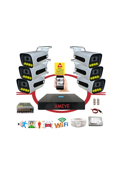 Bises 6 Lı Araç Yüz Ve İnsan Tanımalı Hareket Algılayan 5 Mp Lens 4 Warm Led Gece Renkli Gösteren Güvenlik Kamera Seti Bs784w