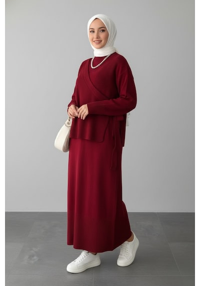 Defymoda Kadın Kırmızı Modest Triko Tunik Elbise Takım Kırmızı