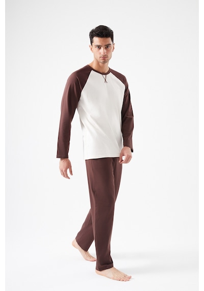 Erkek Pamuklu Uzun Kollu Cepli Pijama Takımı Ke30110 Kahverengi