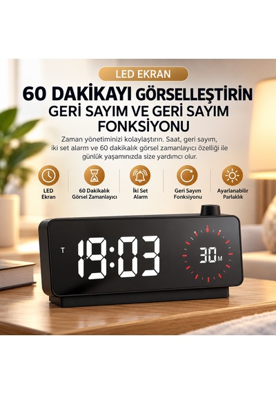 Kenly Dijital Led Çalar Saat Görsel Zamanlayıcı Geri Sayım Çift Alarm Ayarlanabilir Parlaklık Siyah