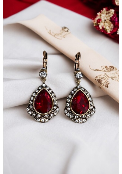 Kristal Taşlı Antik Bronz Su Damlası Küpe Kırmızı