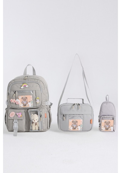 Kawaii Kore Tarzı Aksesuarlı 3'lü Set Çocuk İlkokul Çantası Kalemlikli Beslenme Çantalı Sırt Çantası Gri