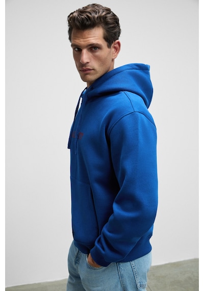 Grimelange BLAISE Erkek Önü Ve Sırtı Baskılı Kapüşonlu Kordonlu Kanguru Cepli Regular Fit Mavi Sweatshirt