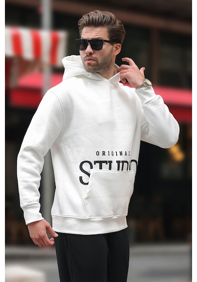 Madmext Ekru Kapüşonlu Baskılı Cep Detaylı Sweatshirt E7076 Ekru
