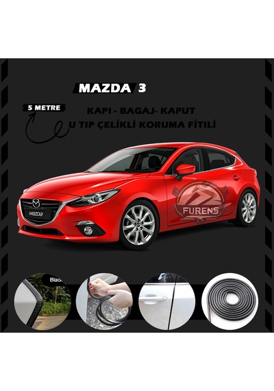 Mazda 3 Oto Araç Kapı Koruma Fitili 5 Metre Parlak Siyah Renk