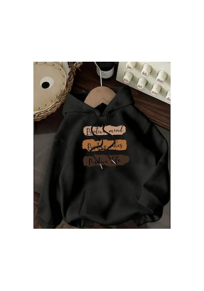 Herkesemoda Positive Mind Baskılı Kapşonlu Siyah Sweatshirt Siyah