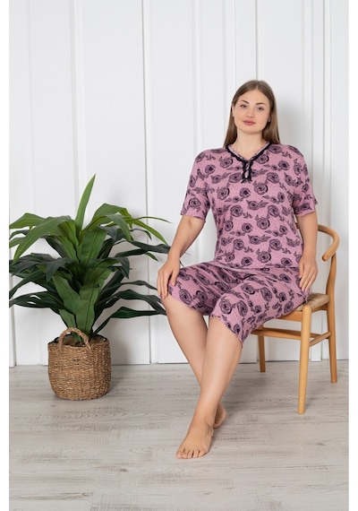 Büyük Beden Likralı Penye Kapri Pijama Takım GÜL KURUSU