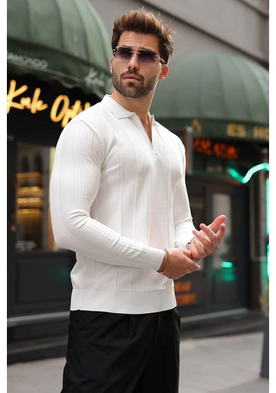 Madmext Beyaz Polo Yaka Slim Fit Erkek Triko Kazak E7527
