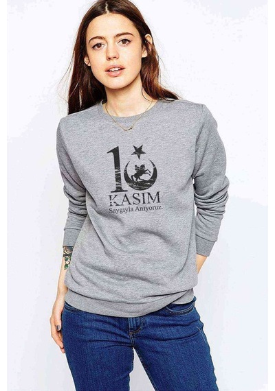 10 Kasım Sonsuzluk Ve Silüet Baskılı Gri Kadın Sweatshirt