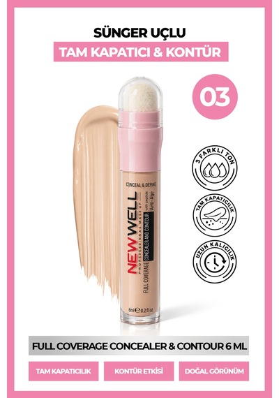 New Well Full Coverage Concealer & Contour Sünger Uçlu Kapatıcı & Kontür 03 6 Ml 001