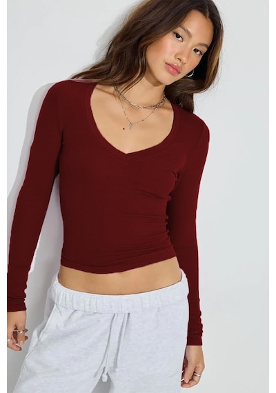 Madmext Bordo V Yaka Uzun Kollu Kaşkorse Body Mg2192 Bordo